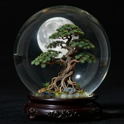 a moon and a bonzai inside a beautiful intricate glassball, by georges melies