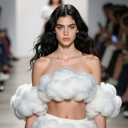 olivia wearing an outfit made from clouds, at new york fashion week, lush black hair, average physique, freckled pale skin, kodak photo by steve mccurry, stage lighting, female beauty, intricate detail, risque fashion, elegance, 3 5 mm, depth of field, masterpiece