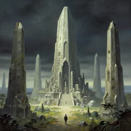 a mysterious post human monument realm, hyper real, by James Gurney