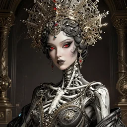portrait of an absurdly beautiful, graceful, sophisticated, fashionable futuristic female skeleton, hyperdetailed illustration by irakli nadar and alexandre ferra, intricate linework, faberge, intricate chrome headdress, dark atmosphere, glowing red eyes, unreal engine 5 highly rendered, global illumination, radiant light, detailed and intricate environment