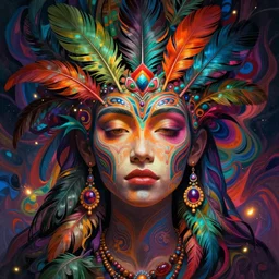 A reality bending psychedelic ayahuasca experience, colorful, distorted, surreal, tropical bird feathers, dramatic lighting on the face, intricate, elegant, highly detailed, fire flies, digital painting, concept art, smooth, sharp focus, illustration, art by Krenz Cushart and Wayne Barlowe and alphonse mucha