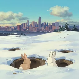 a wholesome animation key shot of a cute empty daytime winter landscape with rabbit holes and new york city in far distance, studio ghibli, pixar and disney animation, sharp, rendered in gouache painting, anime key art by greg rutkowski, bloom, dramatic, dynamic lighting