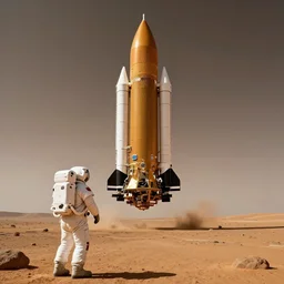 Detailed photo the starship super heavy landing on Mars, seen from the ground, an astronaut on the surface is watching it land, cinematic by Jordan Grimmer, digital art