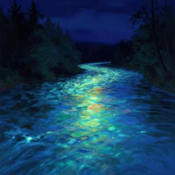 river glowing in many colors, evocative, mystical night, detailed, award - winning, trending on artstation artwork by thomas kinkade,