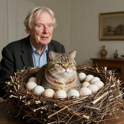 david attenborough finds a fat cat in a big nest, shorthair, lots of eggs. national geographic, strange, photorealistic