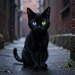 black cat with one eye, in a back alley, scary, by tim burton