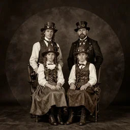 wet plate photography, dark background, steampunk family portrait