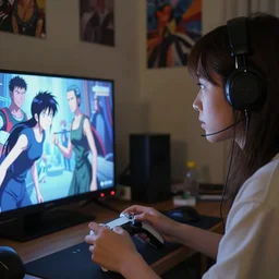 close up of a woman playing video games on the tv in her messy bedroom environment | | fine detail!! anime!! realistic shaded lighting!! by ilya kuvshinov katsuhiro otomo ghost - in - the - shell, magali villeneuve, artgerm, jeremy lipkin and michael garmash and rob rey
