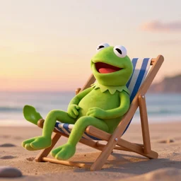 kermit the frog relaxing in a beach chair by the beach at sunset, 8 k