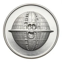 silver coin with a relief of death star