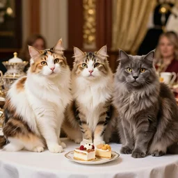 three calico cats ( one shorthair, one longhair, and one shorthair and grey ) attend a fancy english tea party, flickr explore 5 0 mm