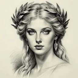 realism tattoo sketch of aphrodite greek goddess wearing a laurel wreath and arrowhead earrings, beautiful piercing eyes with small pupils, sexy look, beautiful blonde hair, in the style of matteo pasqualin, amazing detail, fantasy, elegant, smooth, sharp