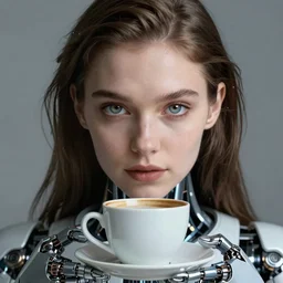 ultra detailed portrait of a futuristic cybernetic cyborg with a cup of coffee, by tom bagshaw and anna dittman, perfect eyes and face, catchlight in the eyes, 5 0 mm lens, biomechanical robot, bionic hands, deep depth of field, artstation, 8 k