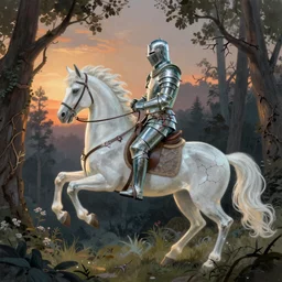 a glass knight wearing armor of thorns rides a white unicorn into a forest clearing, by greg rutkowski, illustration, radiant evening light, awe inspiring