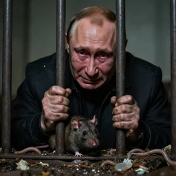 Vladimir Putin crying behind bars, ugly, smooggy, dark, filthy, rat, garbage, worms