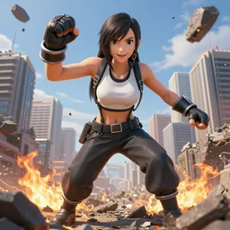 a giant giga sized tifa from final fantasy 7 remake having fun destroying a city while smiling, digital art, octane render, award winning, very detailed, full body portrait, 3d render, detailed facial expressions, destroyed city, 4k destruction, fire, video game art, no text, ray tracing