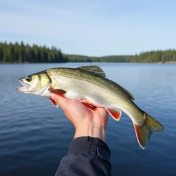 fisher holding up a big dubble tailed fish. lake in the background. sweden
