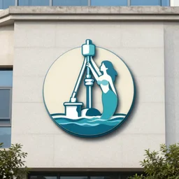 company logo on a building showing a mermaid beauty drilling a water well,