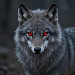 female werewolf, fantasy art, portrait, grey fur, red glowing eyes