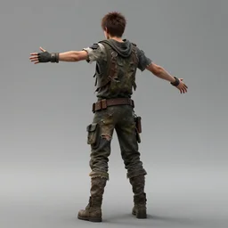 male teen wearing tattered post apocalypse outfit, opened arms, back to the viewer, full body shot, 3 d render, 8 k, isolated, ya fantasy