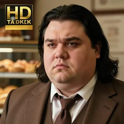 Close up portrait of a clean-shaven chubby man with long black hair wearing a brown suit and necktie with a bakery in the background. Photorealistic. Award winning. Dramatic lighting. Intricate details. UHD 8K. He looks guilty