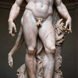 epic and dramatic view of incubus statue made in carrara pinkish marble showing cracks in his full body, realistic and ultra detailed, 8 k