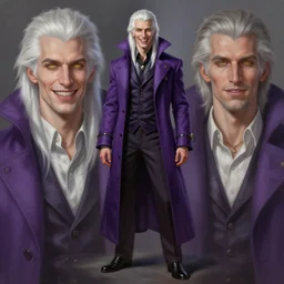 full body and portrait painting of an laughing male vampire by kuvshinov Ilya and Roset Conrad, handsome face, long purple coat, long white hair, golden eyes, highly detailed, trending on artstation, cgsociety, 4k, 8k, HDR, octane render, unreal engine
