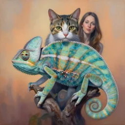 painting of hybrid between cat & chameleon!!!, intercrossed animal, mixture animal, by zdzislaw beksinski, by kim donaldson, by mattias adolfsson, by tiffany bozic, cold hue's, warm tone gradient background, concept art, beautiful composition, digital painting