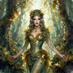 gorgeous kelp forest fae themed drag queen. backlighting, depth of field, 4 k, ink wash and gold leaf by award - winning portrait artist