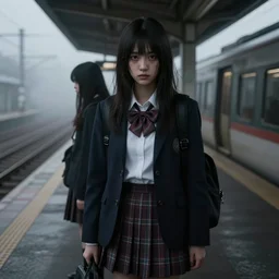 School girls waiting on a urban train station, gloomy and foggy atmosphere, octane render, artstation trending, horror scene, highly detailded