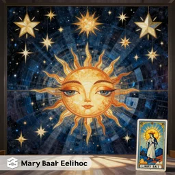 an art deco painting of stars hanging from a ceiling, half opened eyes, suns, vector art by Mary Blair, behance contest winner, space art, concert poster, tarot card