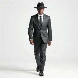 man in suit walking towards camera with white background. wearing suit and hat. strong shadows. high contrast. serious look. carrying a pistol