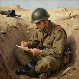 a beautiful painting of an italian soldier from world war 2 sitting in the trench, writing a letter, el alamein, istituto luce, pellizza da volpedo