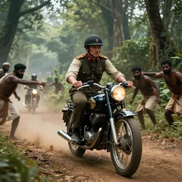 british officer driving a motorcycle in 1921 in kerala forest road, tribe members attacking, action scene, an epic fantasy, dramatic lighting, cinematic, establishing shot, extremely high detail, photorealistic, cinematic lighting, artstation, by christopher nolan, horizon forbidden west