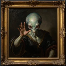 an iridescent alien reaching through a framed painting, pulp sci - fi art. high contrast. baroque period, oil on canvas. renaissance masterpiece