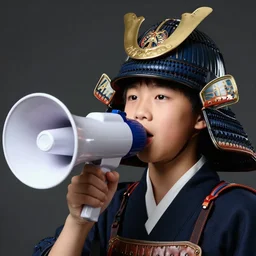 medium close up shot of an asian school boy wearing a samurai headgear, speaking into a megaphone, dark studio background, softlight, photorealistic, art by artgerm and greg rutkowski