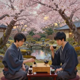 a professionnal oil painted digital art of a japanese garden with complex sakura trees in bloom, evening light. two highly detailed japanese young men playing shogi on a table while drinking tea. detailed realistic faces. digital art, by greg rutkowski, trending on artstation, hq, 8 k, 4 k, unreal engine 5, concept art.