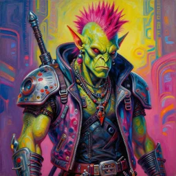 a portrait of a scifi post apocalyptic orc punk rocker by michael whelan, psychedelic vibrant colors, futuristic punk rock fashion, oil painting by michael whelan art, sharp focus, realistic, highly detailed, 8 k, intricate linework