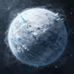 concept art of a snow covered planet, snowstorm, ice, ice spikes, planet, space, concept art