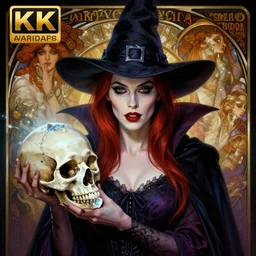 hyperrealist portrait of amber heard as a vampire witch holding a cristal human skull and wearing a wizard hat. by jeremy mann and alphonse mucha, fantasy art, photo realistic, dynamic lighting, artstation, poster, volumetric lighting, very detailed faces, 4 k, award winning