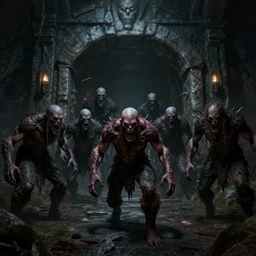 a mob of monsters lurking out of a dungeon entrance, 4k, unreal engine, scary, intense