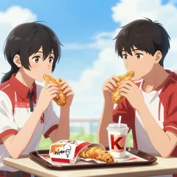 a beautiful picture of two people have breakfast in kfc, empty, sky, anime, detailed, 8 k