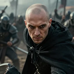 close up cinematic artwork of balding man in his late 4 0 s with black colored eyes and wearing a black cloak, fighting in battle against an army o warriors by greg rutowski, 4 k, fantasy, masterpiece