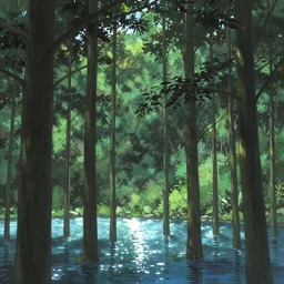 a forest with extremely thin tall dense trees, shimmering lake, very epic atmosphere, by asher brown durand, by yoshitaka amano