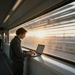 a man working on his laptop on the roof of a train, high speed shutter, action shot, photograph