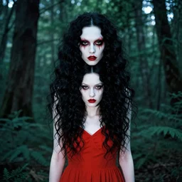 in the style of loish, artgerm, symmetrical face, evil dead demon, pretty alyson hannigan, evil dead demon, evil dead movie, red dress, symmetrical eyes, symmetrical eyes, long curly black hair, trees, symmetrical eyes, forest, evil dead, forest, cinematic lighting, evil dead, artgerm