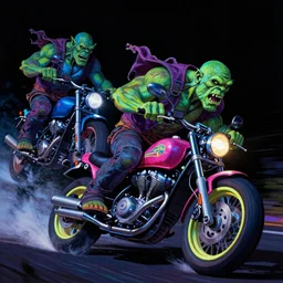 psychedelic colorful blacklight airbrush artwork, motorcycles, stylized action shot of orc bikers riding motorcycles, menacing orcs, drifting, skidding, wheelie, clear focused details, soft airbrushed artwork, black background, cgsociety, artstation