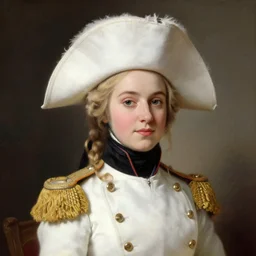 a portrait painting of a beautiful young blond princess wearing a white tricorne hat and a white military uniform,