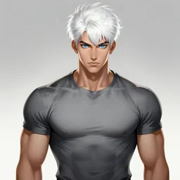 portrait of a feminine young man with short white hair, bedhead, and blue eyes, wearing a gray t shirt, muscular arms, dramatic lighting, illustration by Rossdraws, professional portfolio, 4k, digital art, concept art, trending on artstation