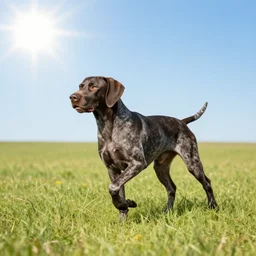 german short haired pointer running through an open grass field, with the sun shining in the blue sky. 8 k. 4 k. realistic. photo.